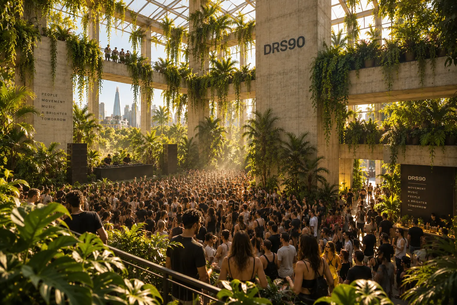 Wide view of a daylight crowd filling a multi-level concrete DRS90 venue wrapped in hanging gardens