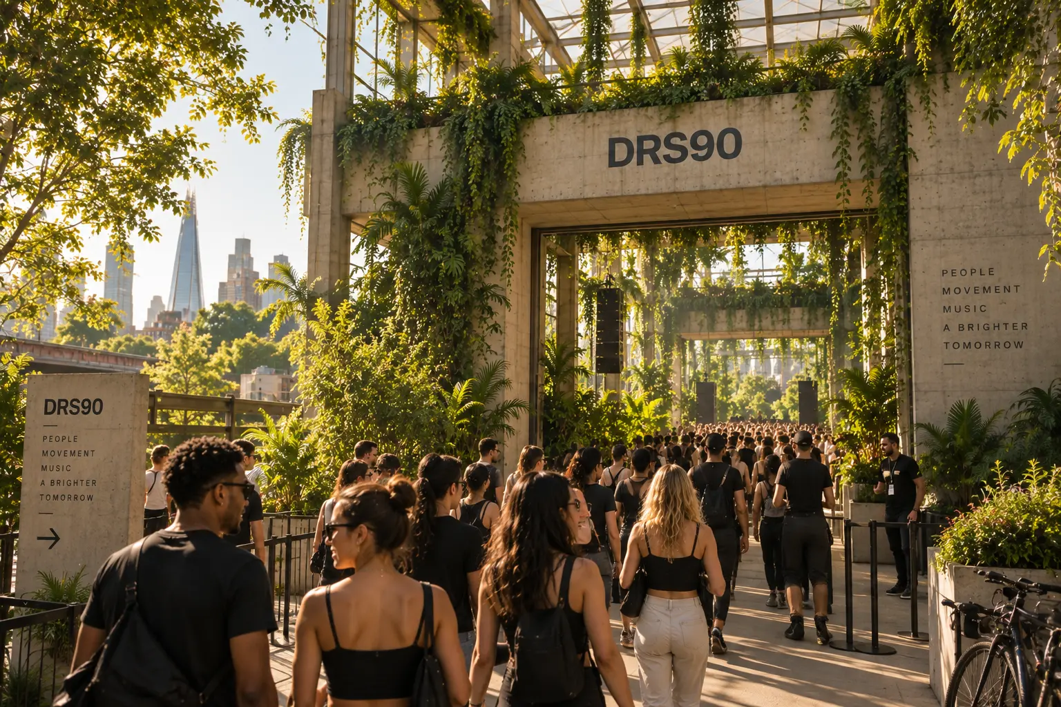 Attendees arriving at a concrete DRS90 entrance covered in climbing plants on a sunny day