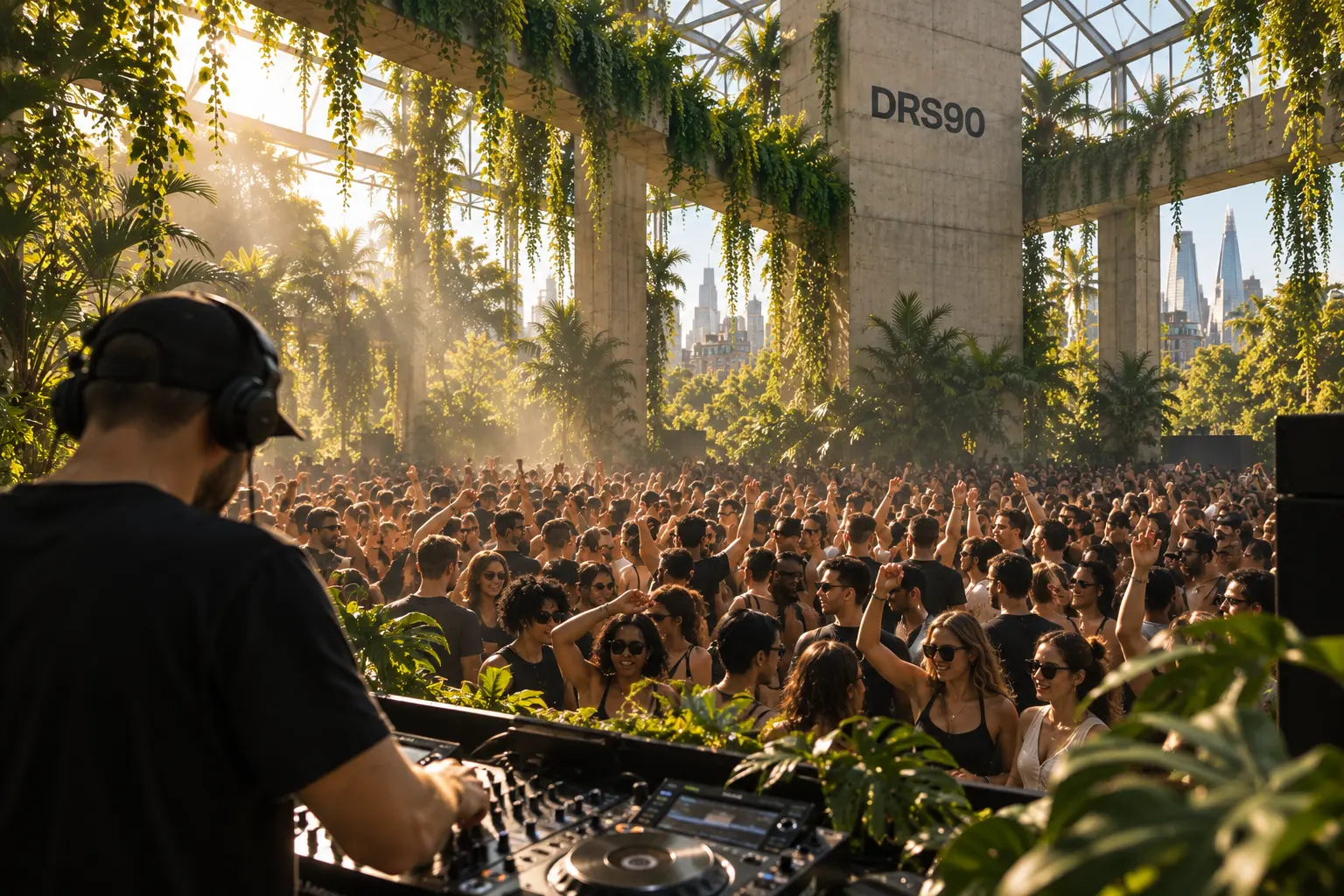 DJ performing to a dense daylight crowd inside a plant-filled concrete DRS90 venue, city skyline beyond